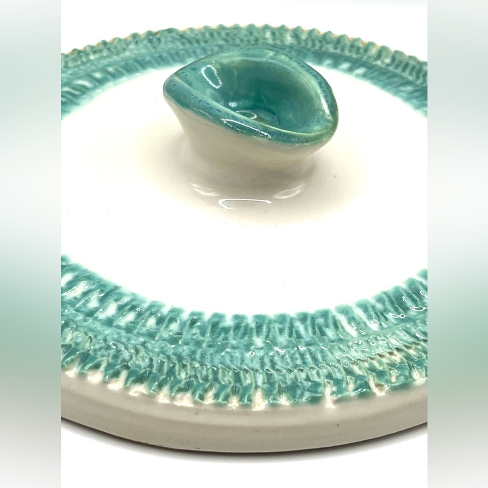 Vintage 1961 Handmade Ceramic Pottery Bowl w/Lid Turquoise/White MCM Signed - Picture 9 of 16